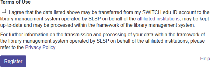 Screenshot of the SLSP terms of use
